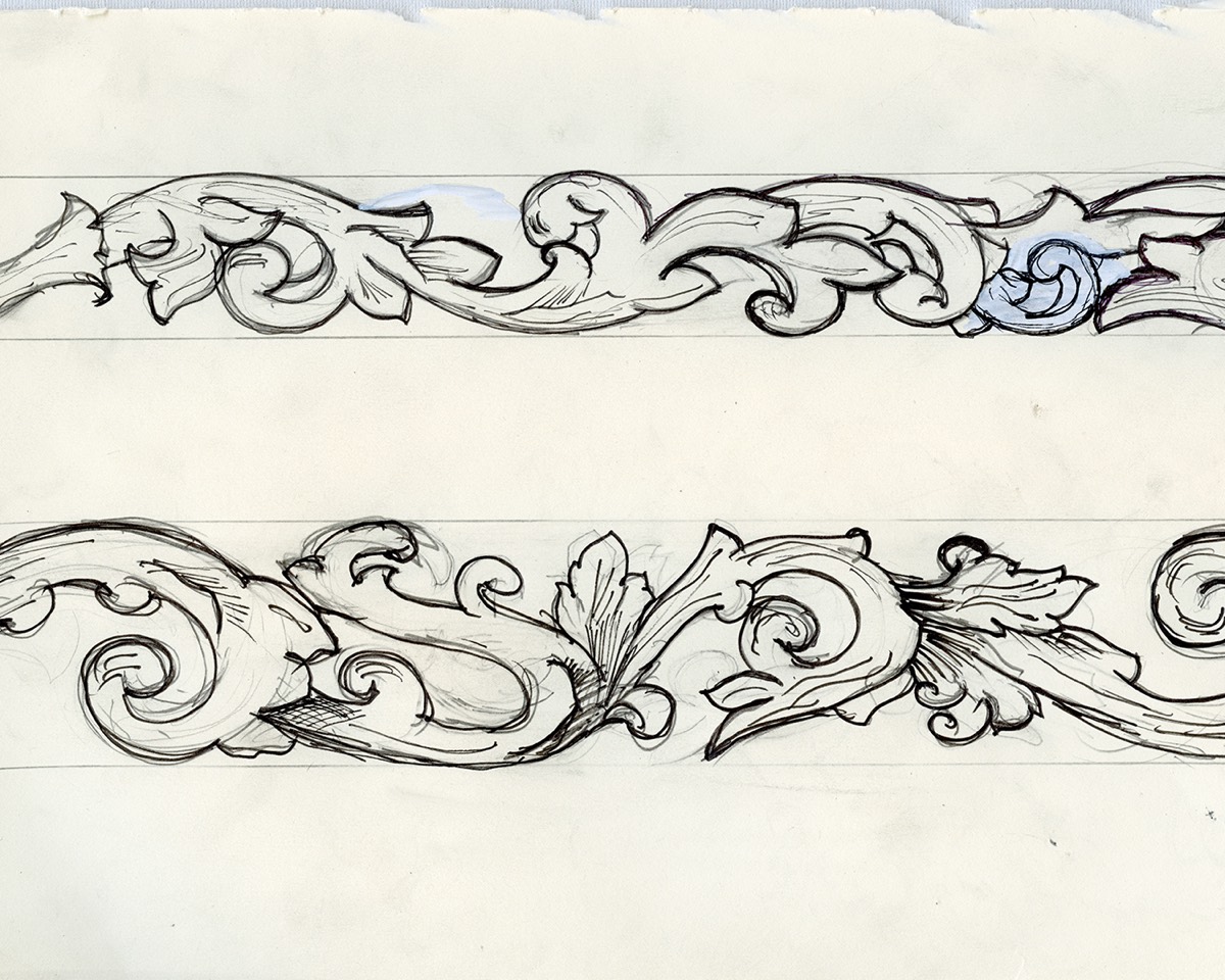 Two pencil scrollwork studies on notebook paper
